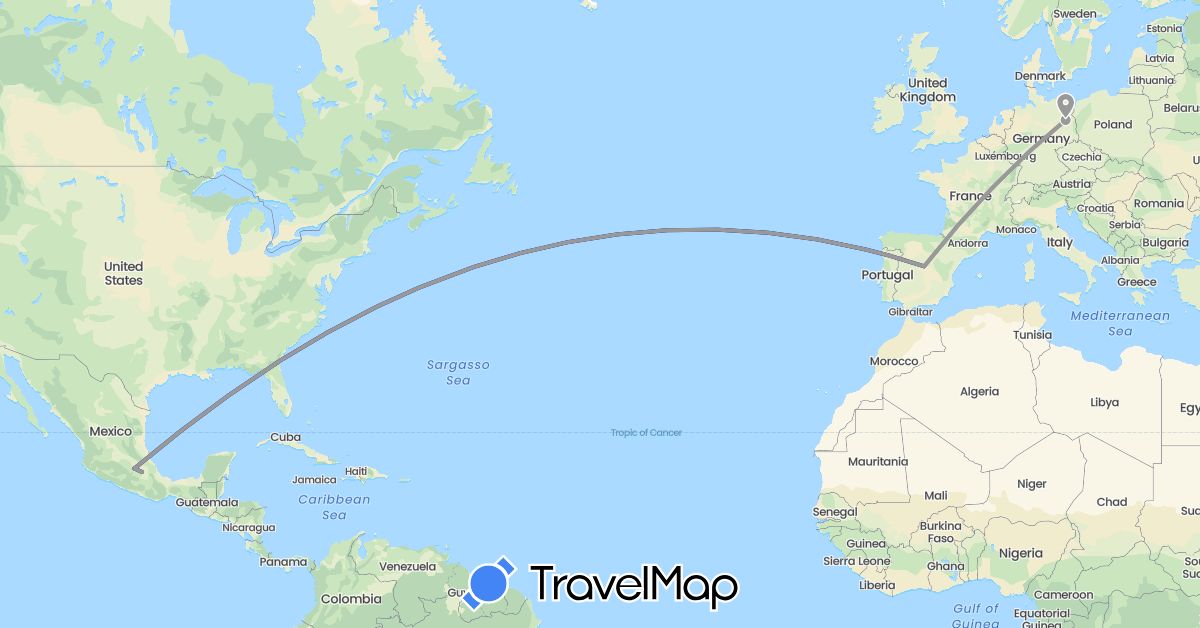 TravelMap itinerary: driving, plane in Germany, Spain, Mexico (Europe, North America)